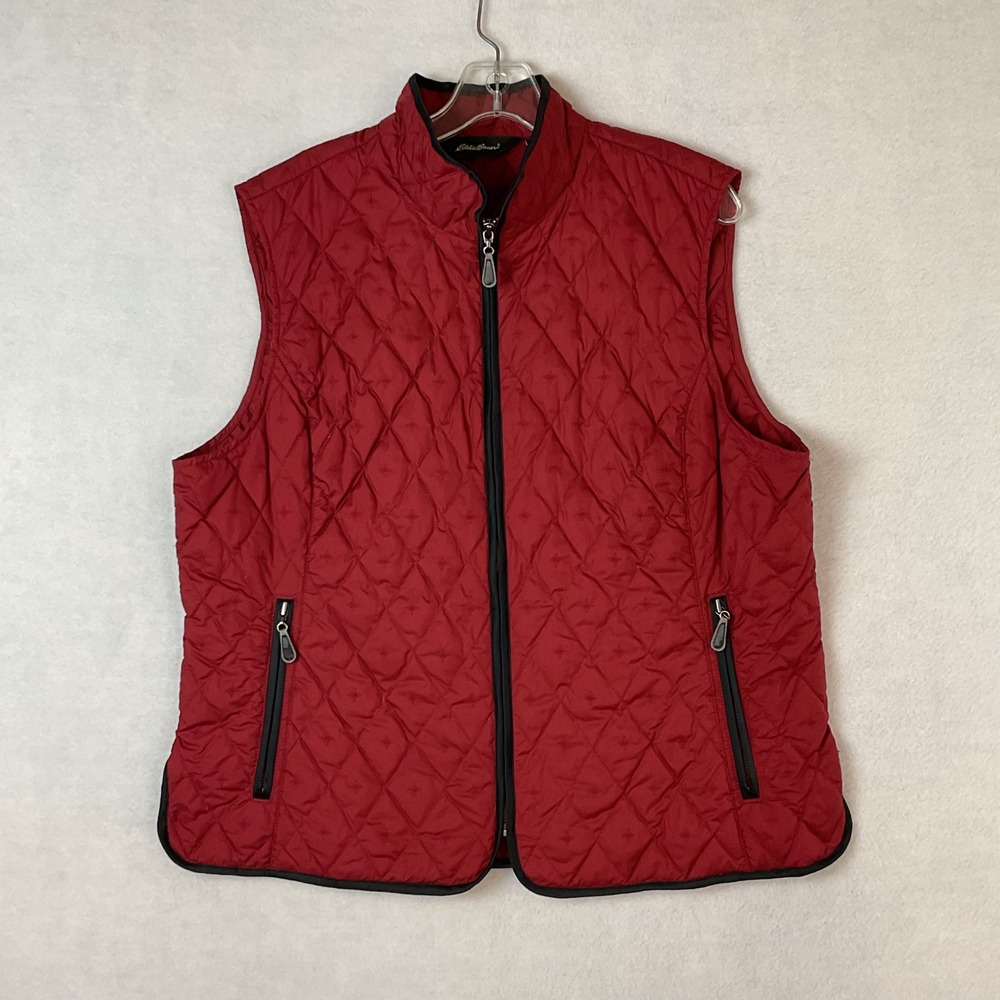 Eddie Bauer Womens XL Red Quilted Premium Goose Down Vest Puffer Full Zip Star